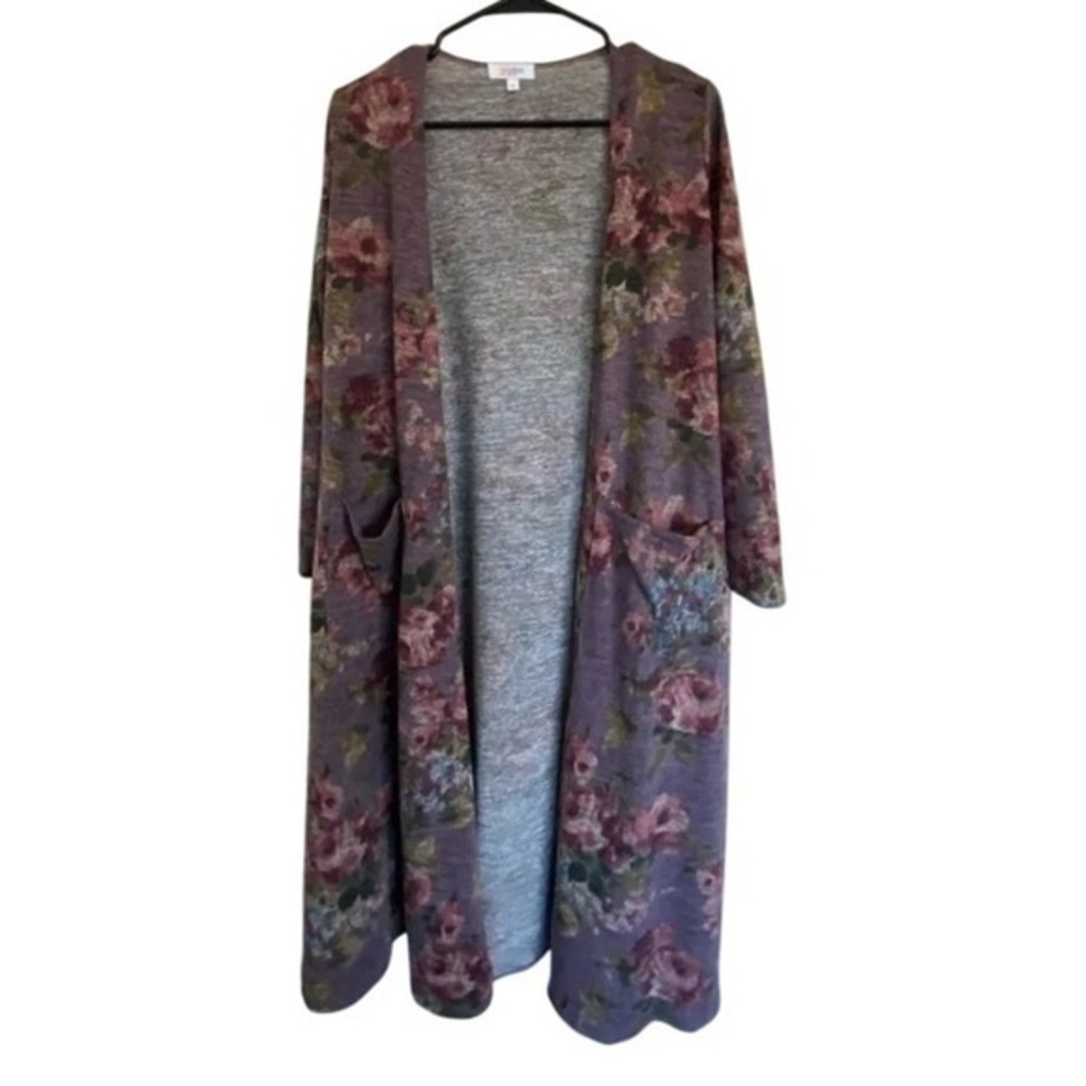LULAROE WOMENS SIZE SMALL PURPLE FLORAL LIGHT WEIGHT LONG CARDIGAN WITH POCKETS